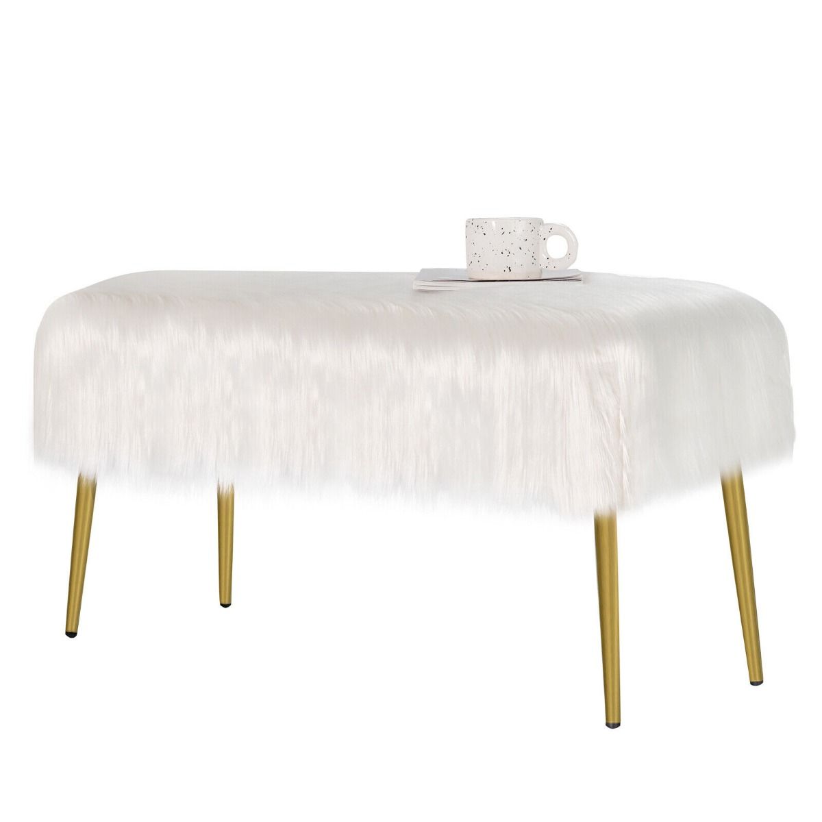Rectangular Upholstered Furry Faux Fur Footrest with Golden Metal Legs